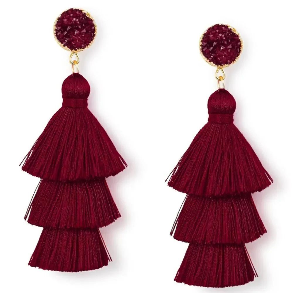 14K Yellow Gold with Burgundy Silk Thread Tassel andβQuartz Druzy Post Earrings